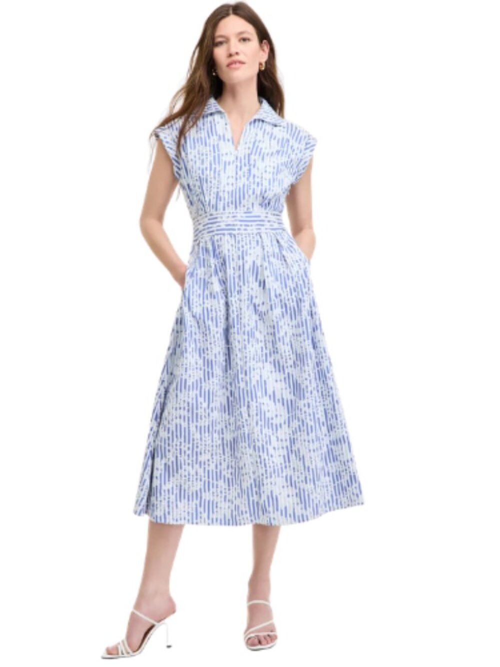Kensie Blue White Striped A-Line Floral V Neck Midi Dress Size 2